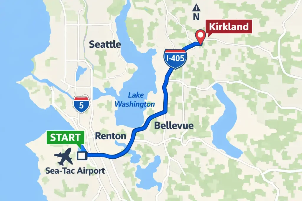 Sea-Tac airport to Kirkland corporate transportation route