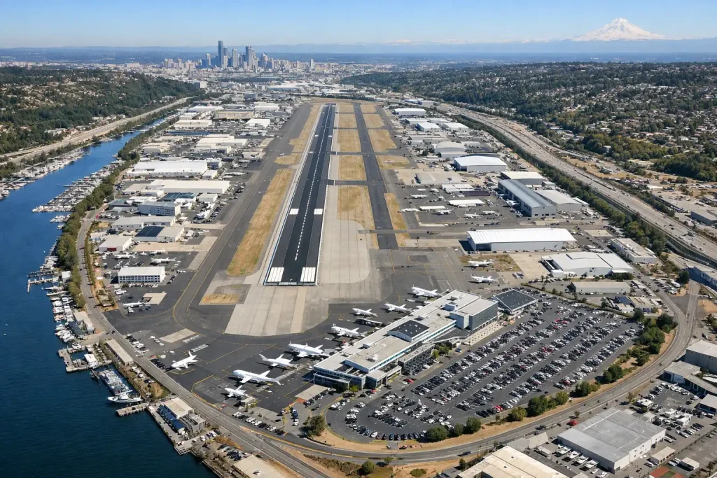 Aerial view of Boeing Field airport showing compact terminal layout and parking lot for ground transportation pickups