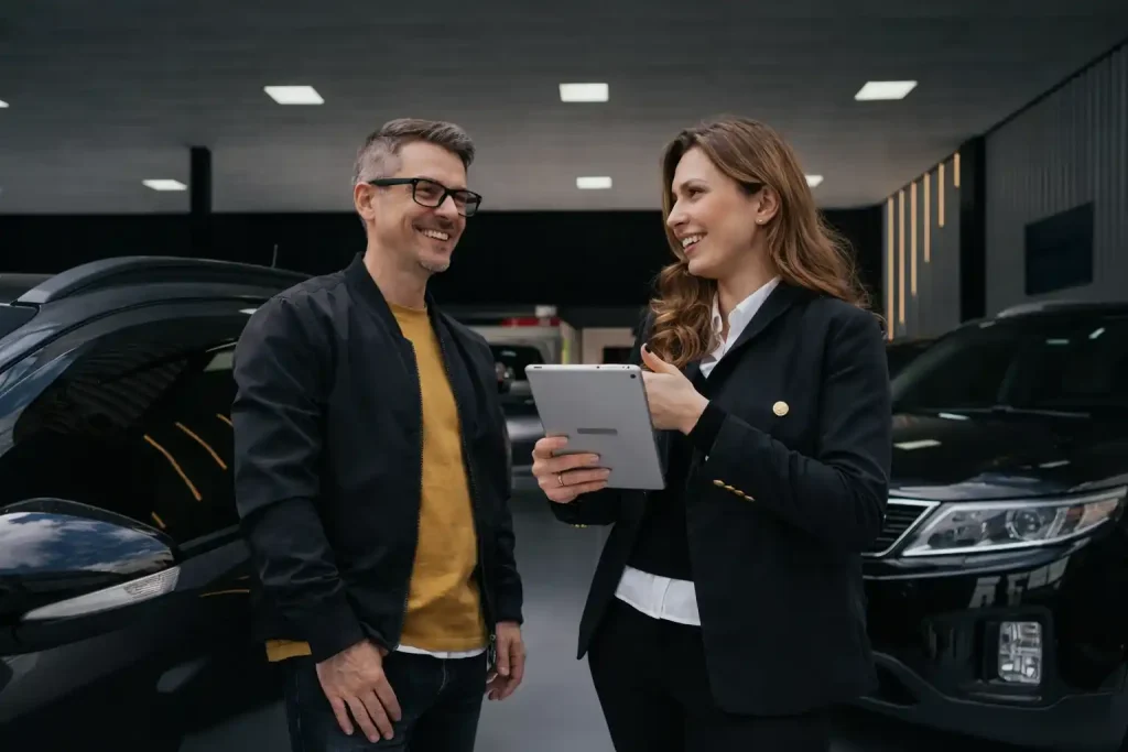 Customer discussing town car rates and booking details with service representative