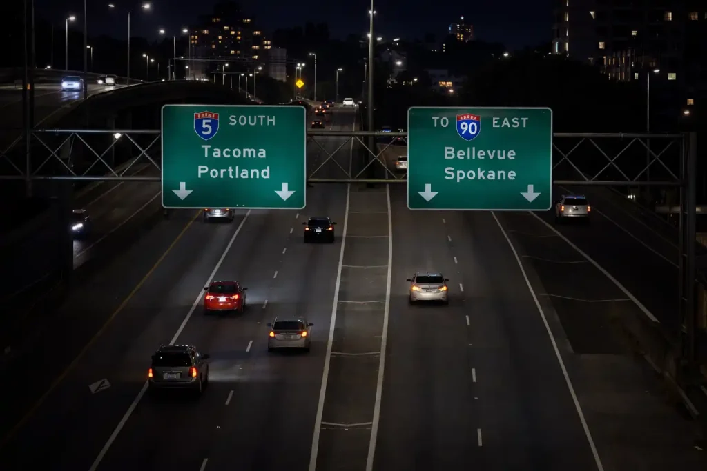 Empty I-5 highway at night between Everett and SeaTac airport