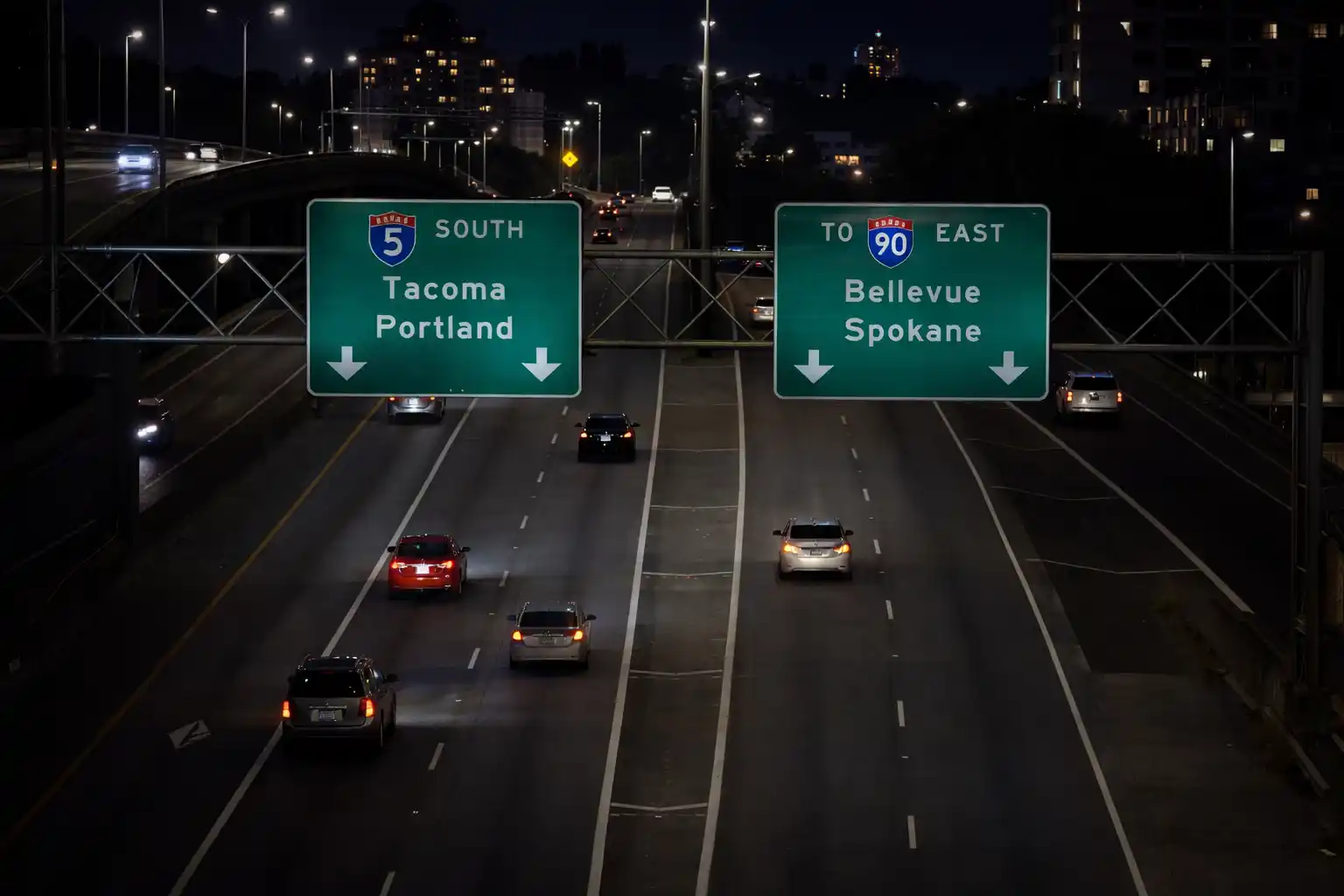 Empty I-5 highway at night between Everett and SeaTac airport