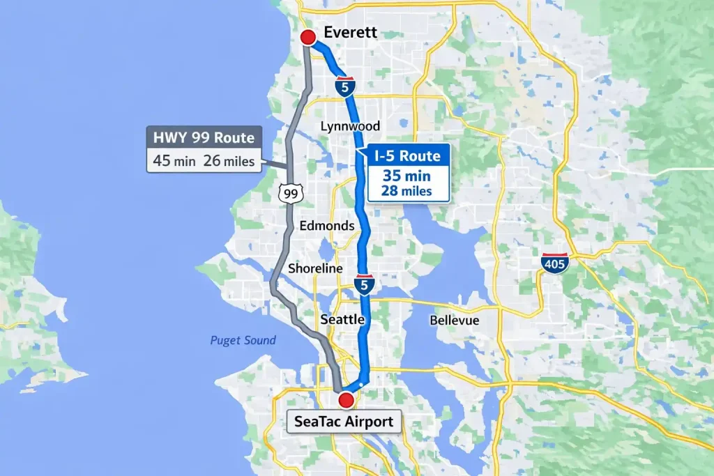 I-5 and Highway 99 route options from Everett to SeaTac