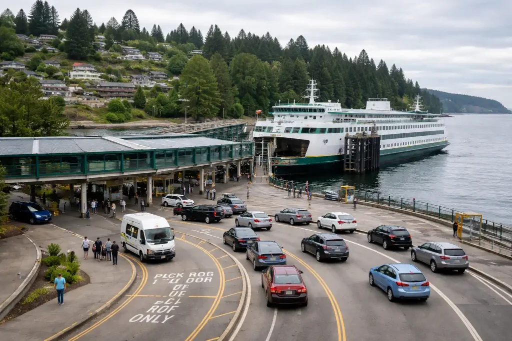 Fauntleroy ferry terminal West Seattle showing pickup staging area for event transportation services