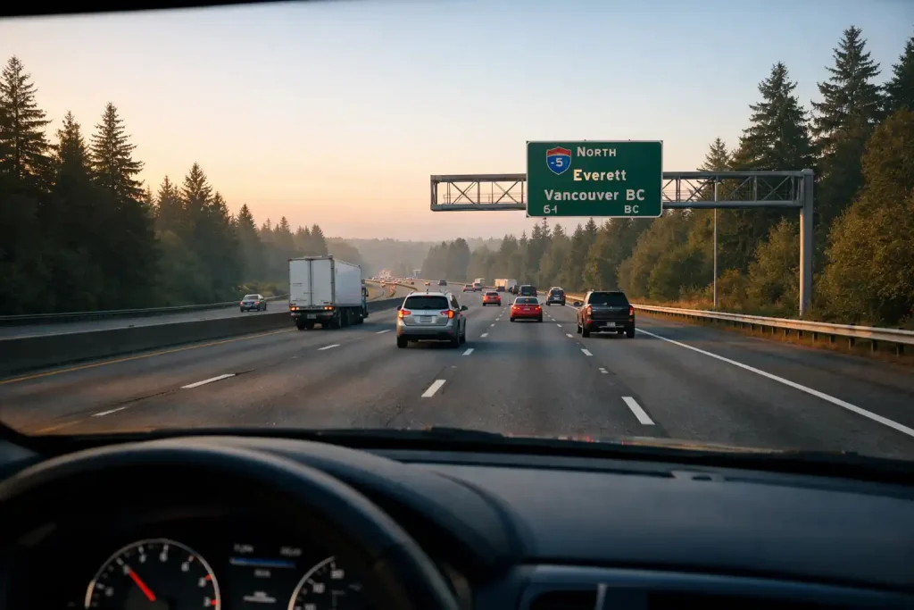 Interstate 5 corridor between Bellingham and Seattle during morning corporate travel hours