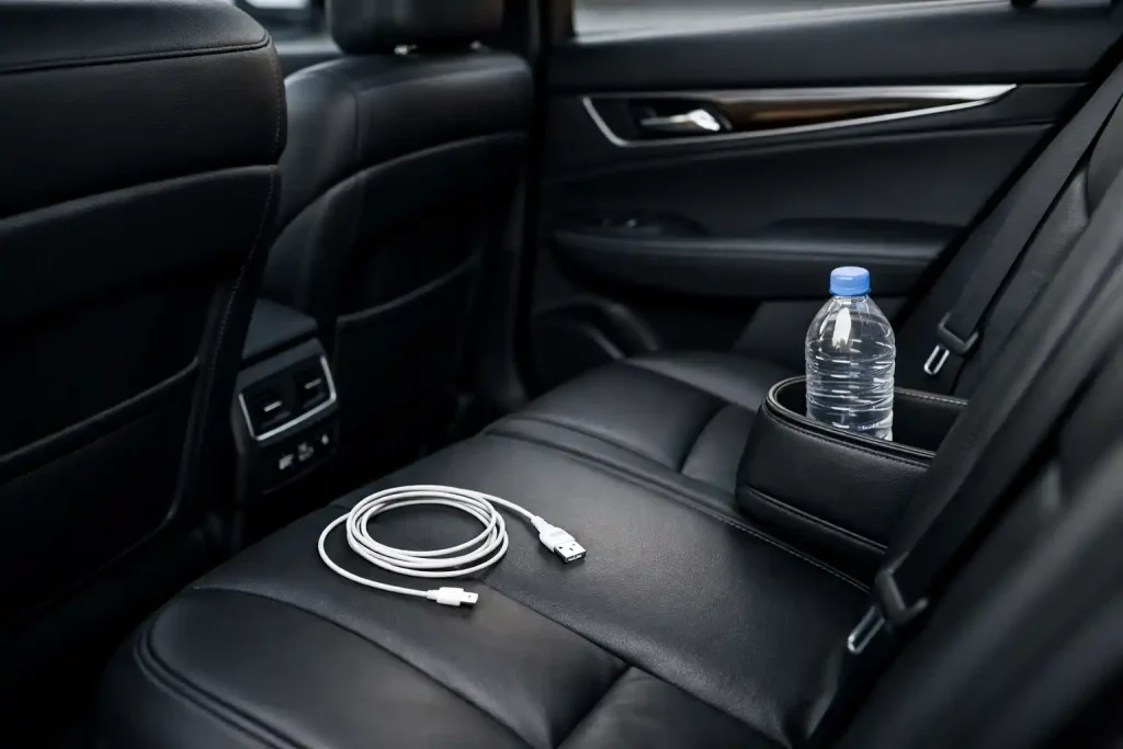 Clean luxury sedan interior with professional amenities for Bellingham corporate car service