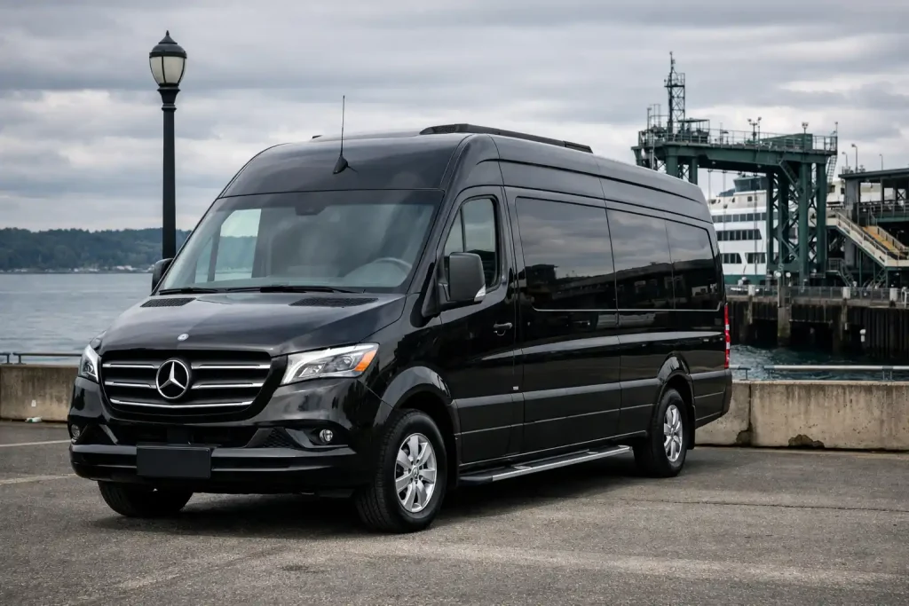 Luxury passenger van for corporate event transportation at Seattle ferry terminal