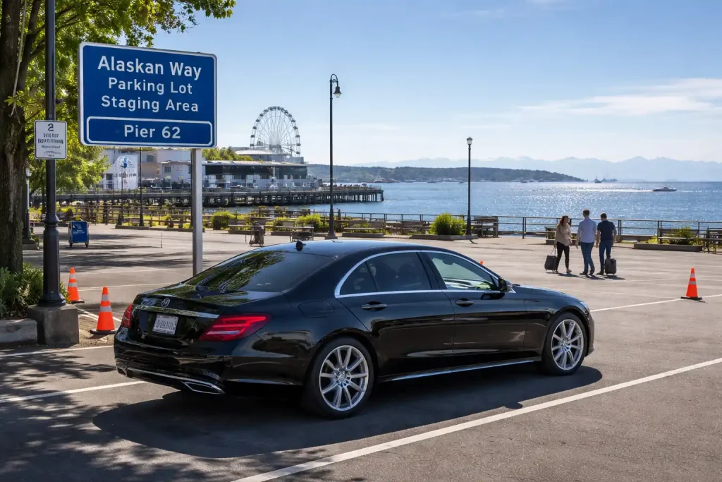 Pier 62 parking area near Colman Dock recommended staging location for Seattle ferry terminal pickups