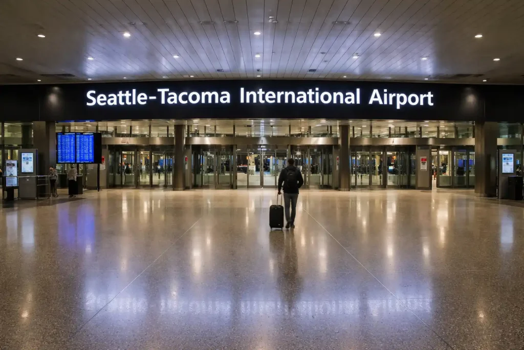 SeaTac airport security area during late-night hours