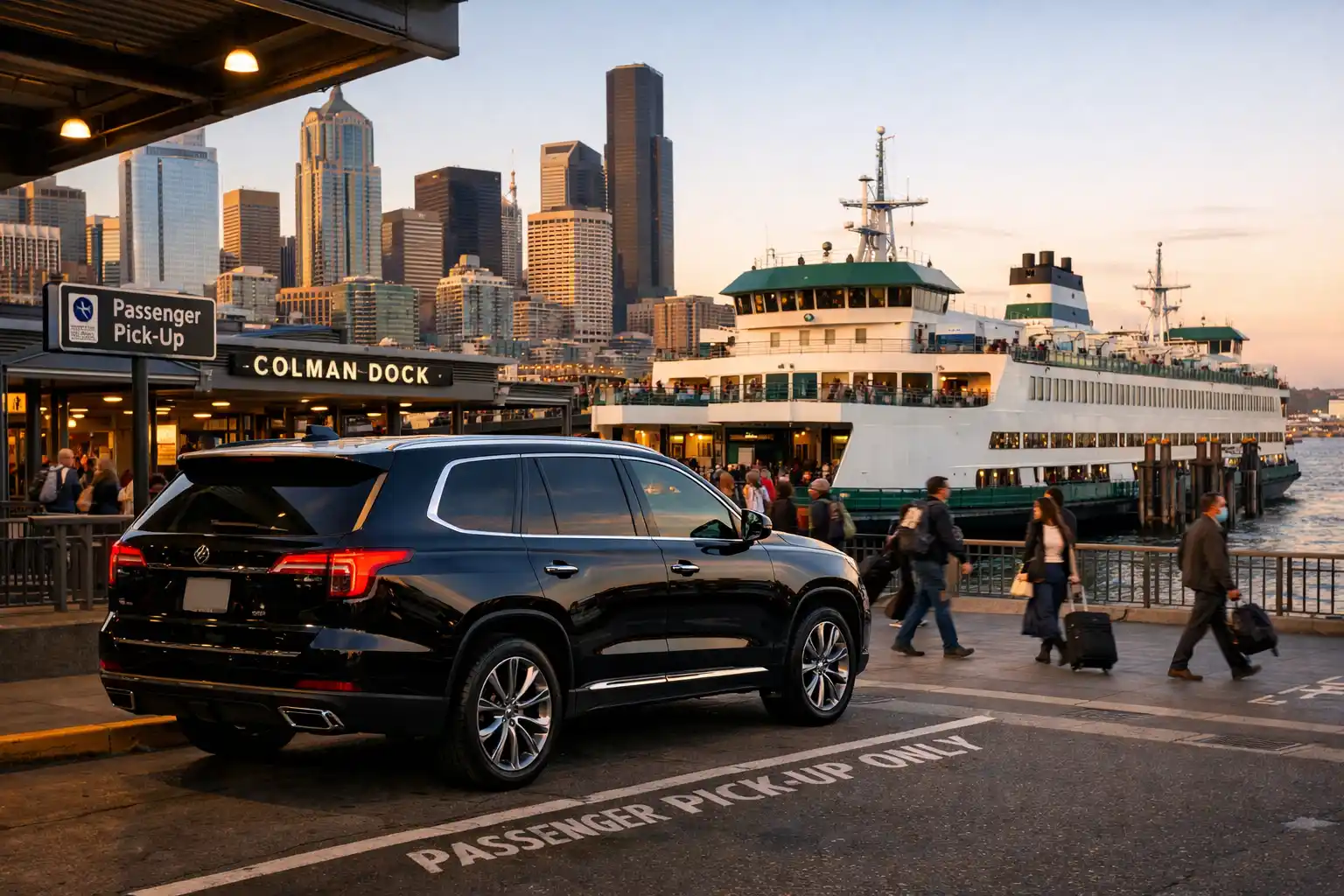 Seattle Colman Dock ferry terminal with luxury transportation vehicles during evening commute for event pickup