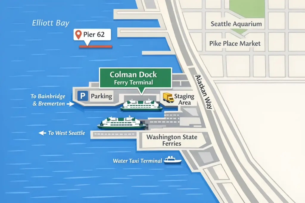 Map showing optimal pickup locations for Seattle ferry terminals including Colman Dock and Fauntleroy