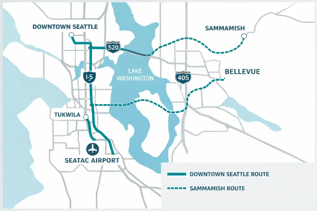 Map showing common Seattle town car routes with fixed rate pricing