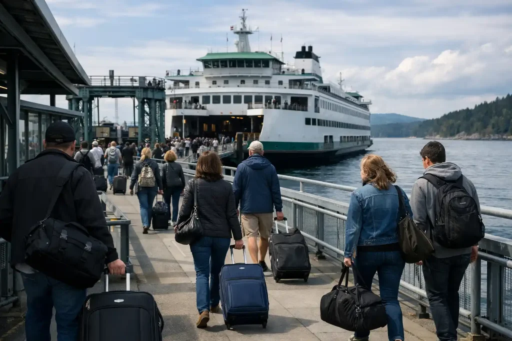 Alaska ferry terminal style boarding area with passengers preparing to depart