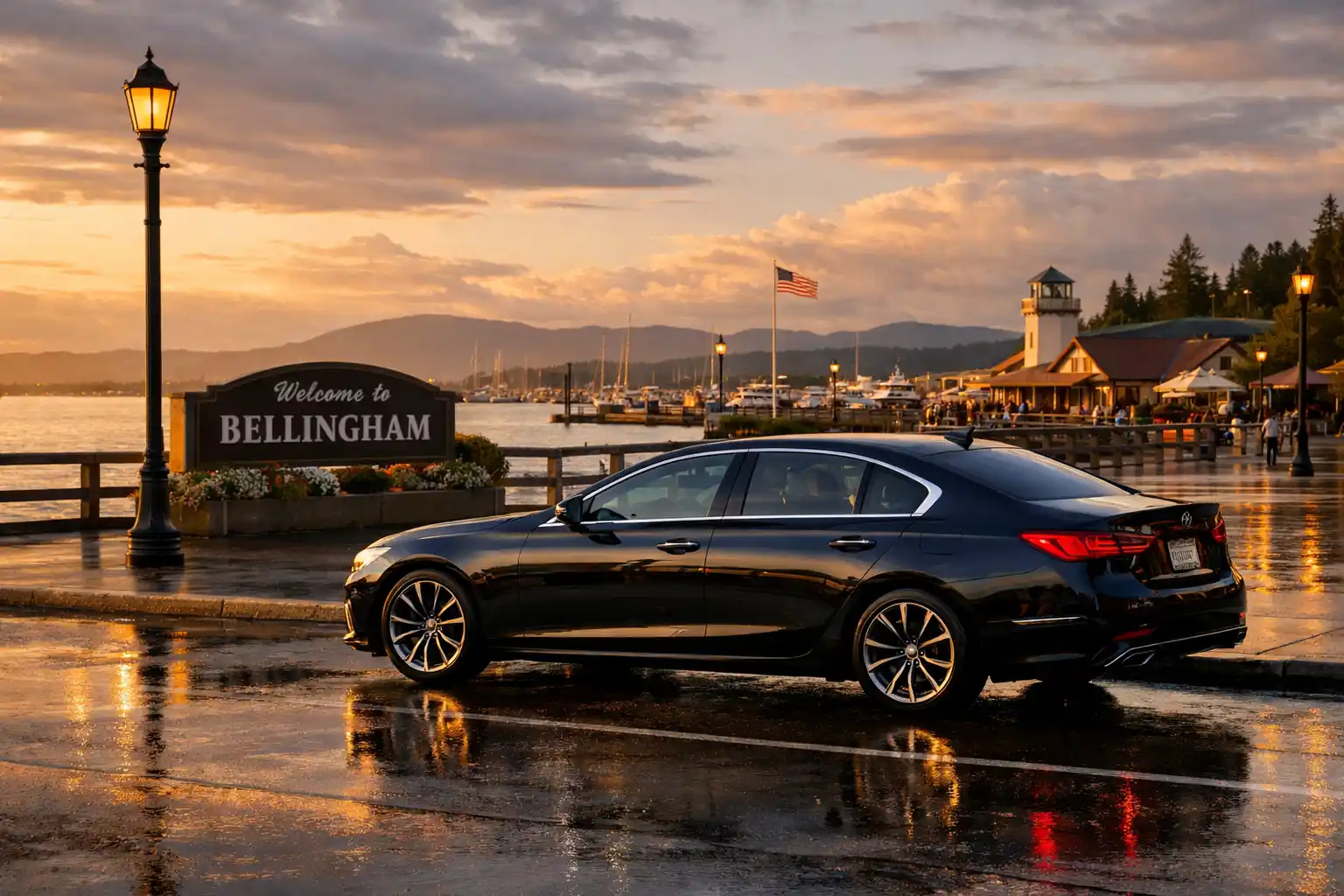 Bellingham waterfront at golden hour with a black luxury sedan waiting curbside