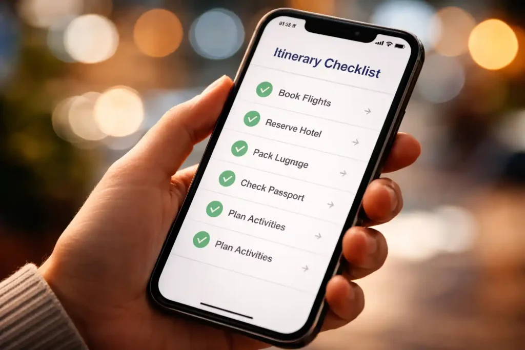 Seattle 2026 transportation checklist on a phone with itinerary notes