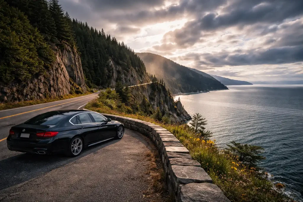 Scenic coastal drive viewpoint near Bellingham with a luxury car parked briefly
