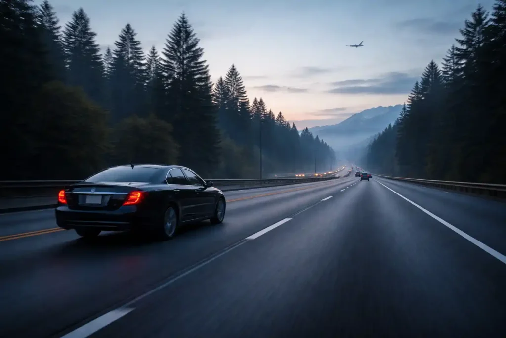 Early morning highway departure southbound toward SeaTac with a premium car travel feel