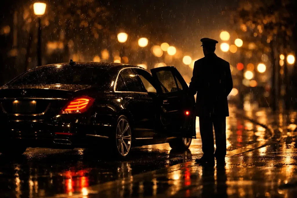 Quiet late-night curbside pickup with a black car and soft city lights