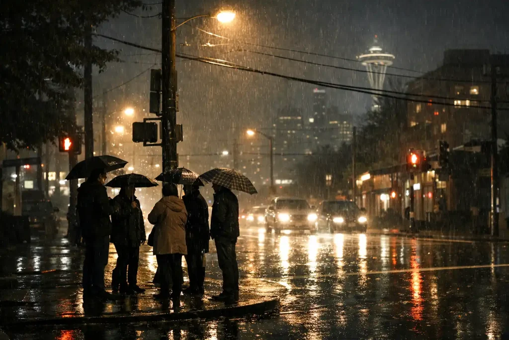 Rainy night pickup in Seattle with safe well-lit meeting poin