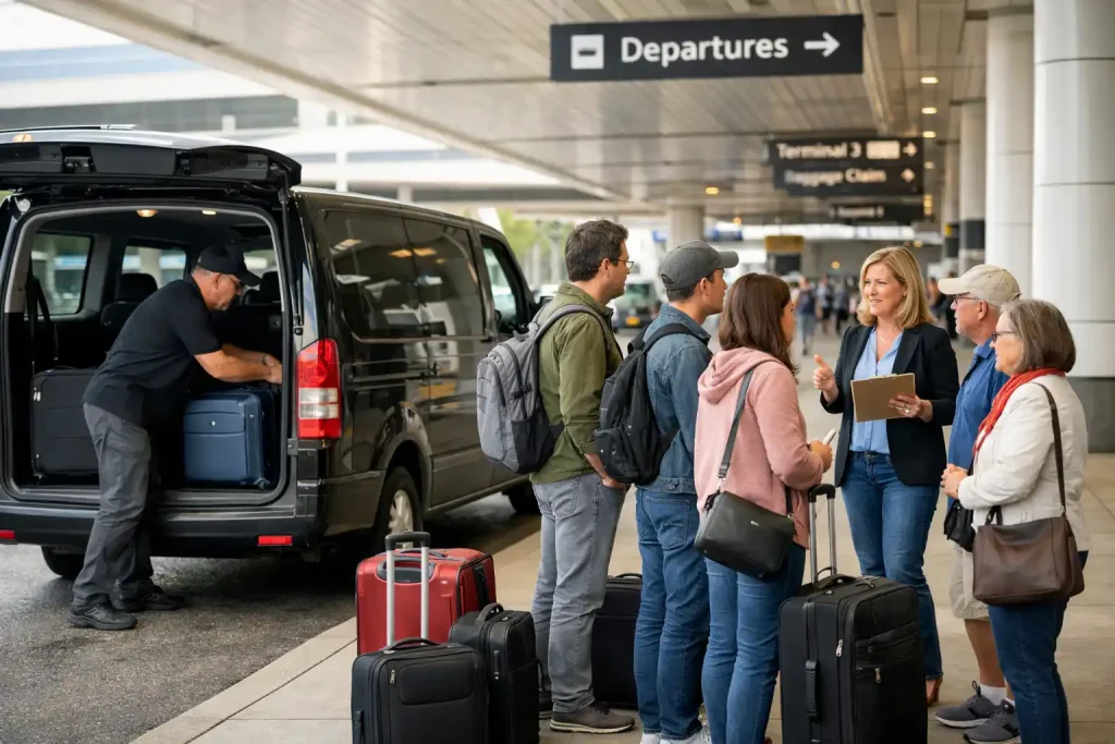 Airport Seattle van transportation pickup with luggage and group coordination