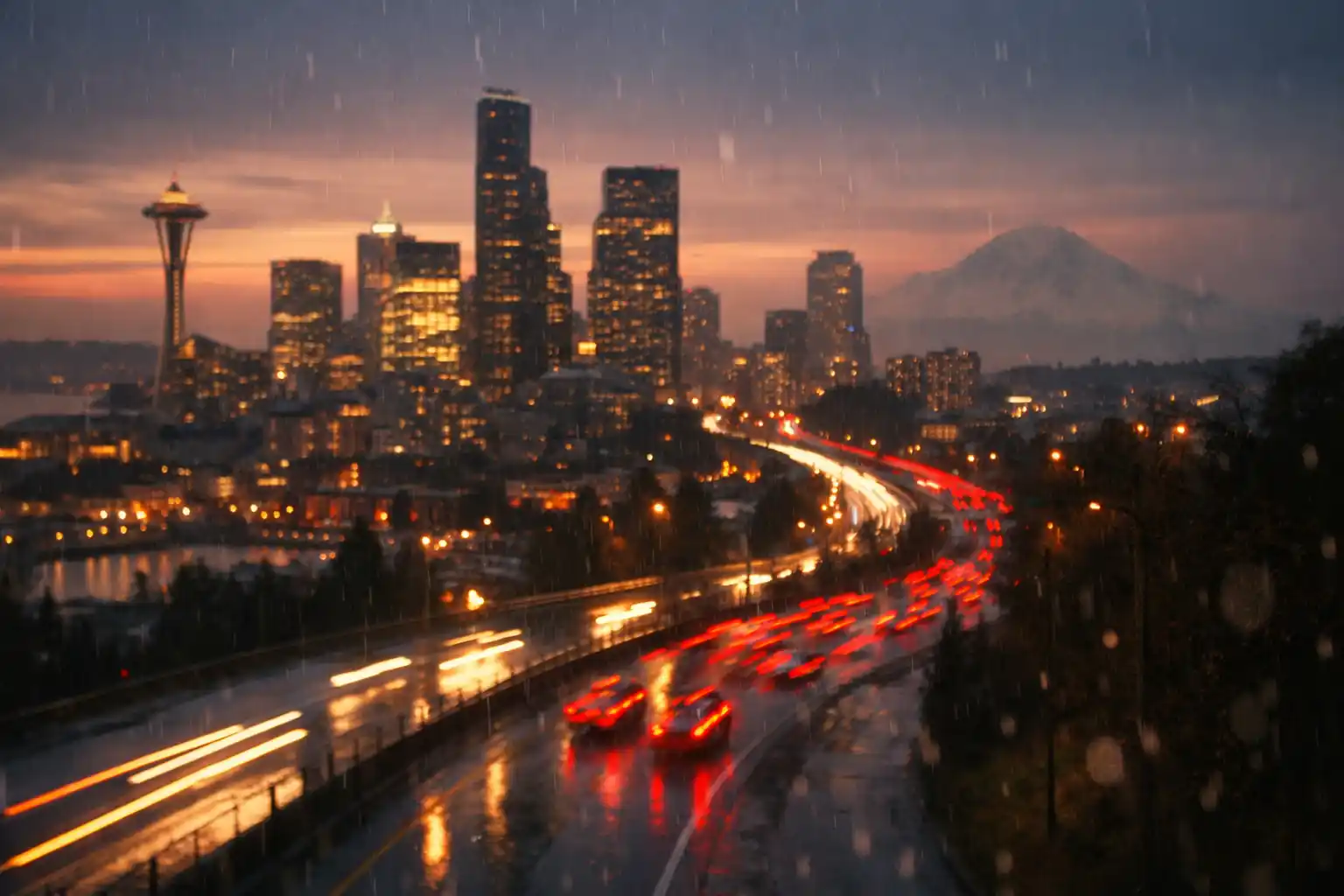 Seattle 2026 transportation planning with downtown skyline at dusk
