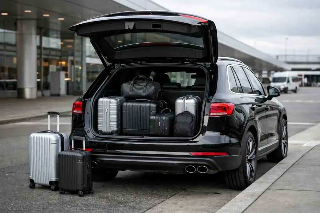 Luxury SUV with luggage being loaded for a Seattle airport ride