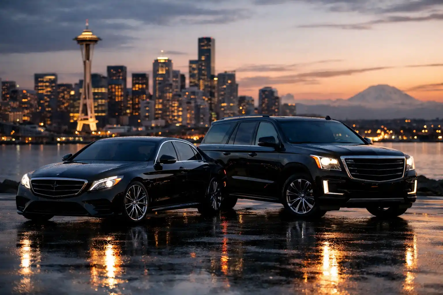 Sedan vs SUV transportation in Seattle with downtown skyline at dusk