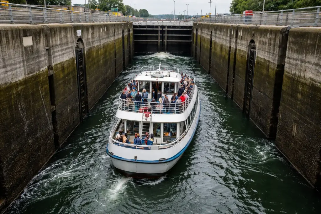 Boat passing through Ballard Locks in Seattle showing water level change during locks tour cruise