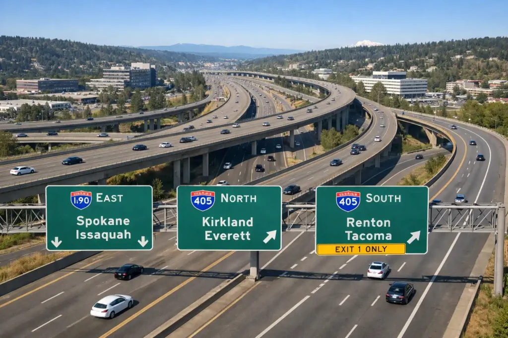 Factoria area highway interchange offering route flexibility for seatac airport transportation services