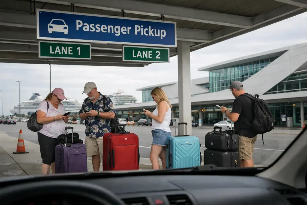Cruise ship passengers waiting at designated pickup area with luggage after disembarkation at Seattle terminal