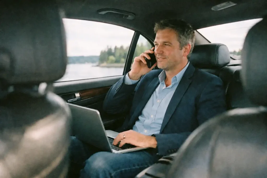 Business executive taking conference call in back seat of corporate car service during Gig Harbor transportation