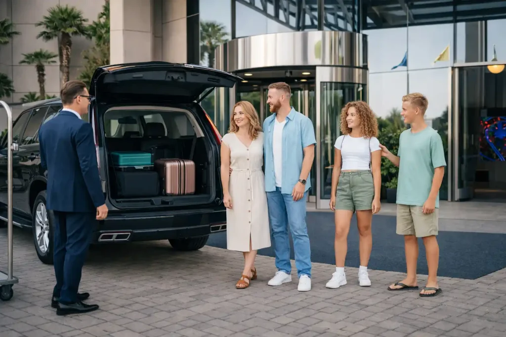 Family with children, car seats, and oversized luggage preparing for town car airport transfer