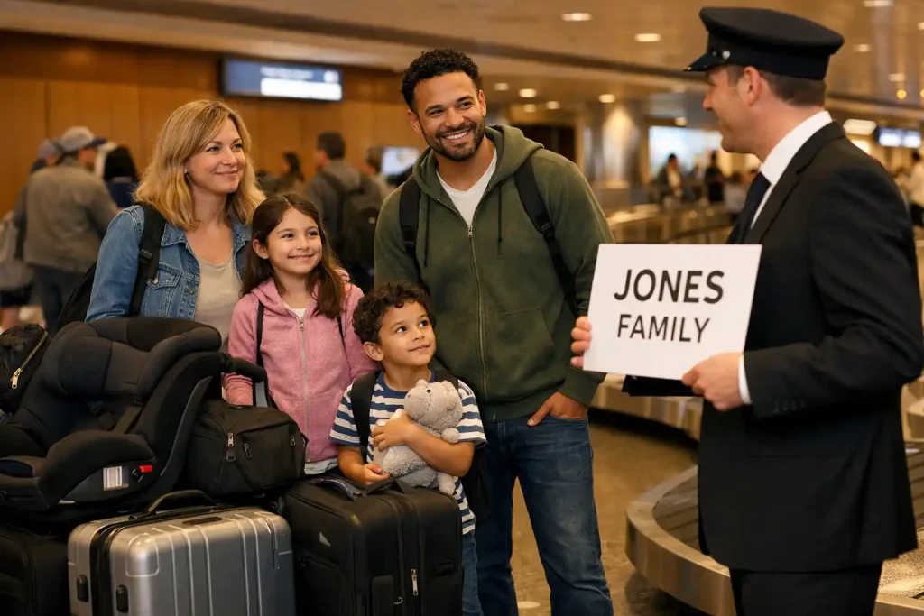 Family with children and multiple bags arriving at Seattle airport needing meet and greet town car service