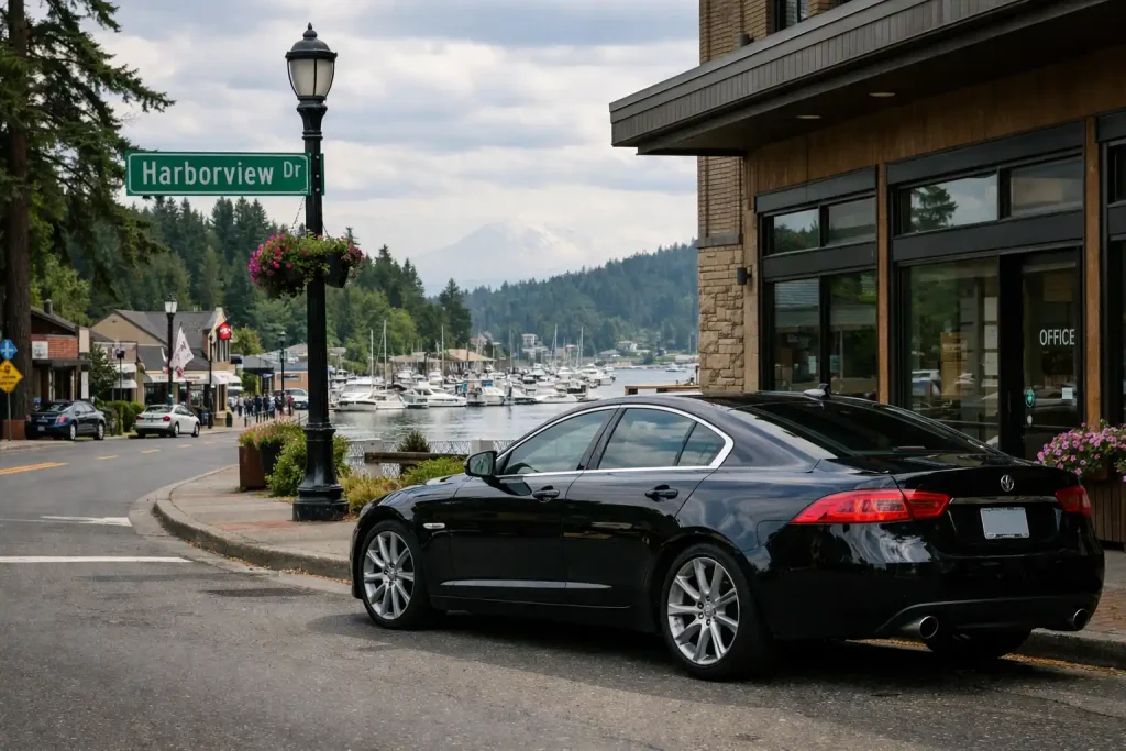 Gig Harbor waterfront business district with professional car service sedan parked near Harborview Drive offices and marina