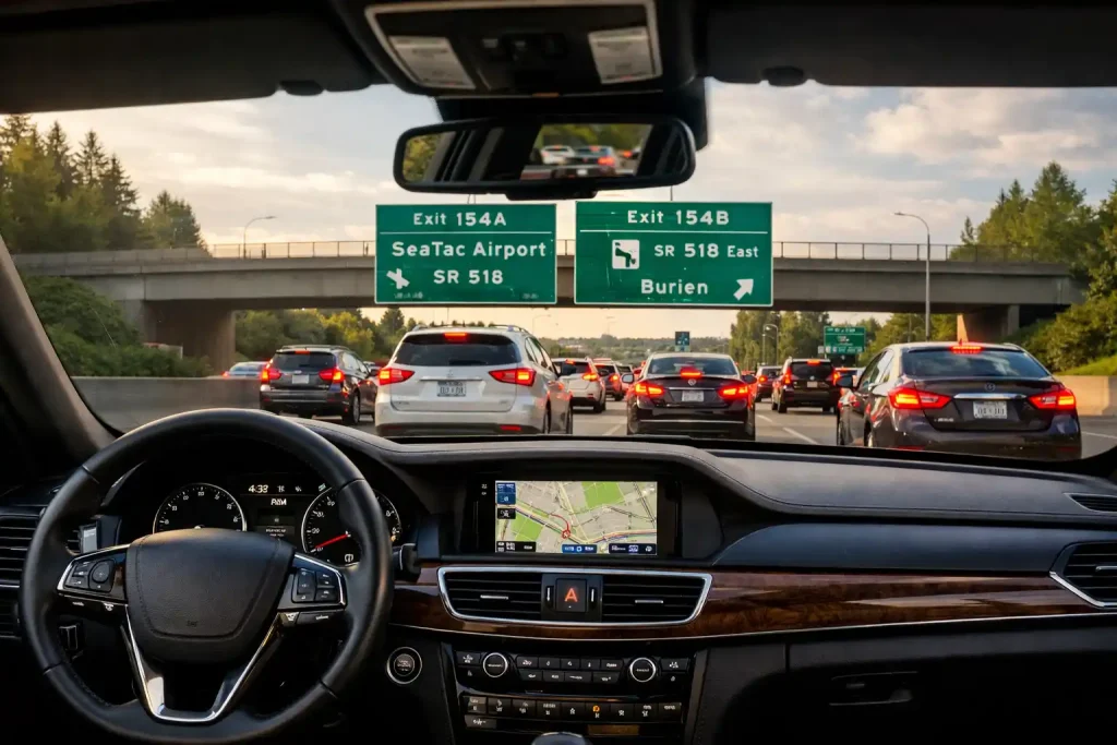 I-405 southbound traffic congestion near Coal Creek Parkway affecting seatac airport transportation timing