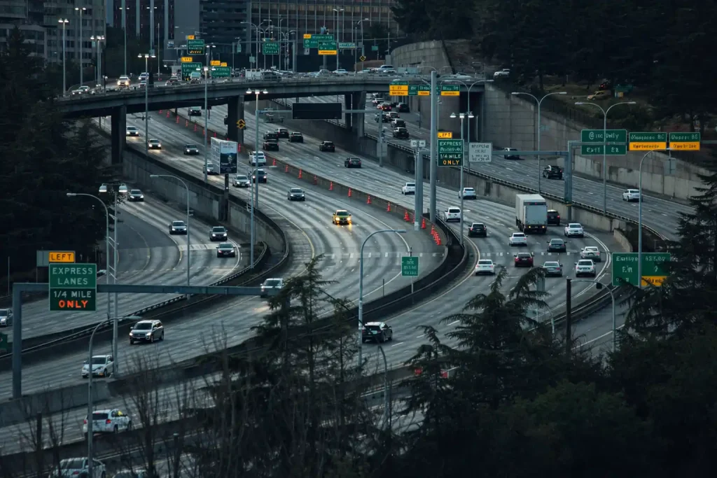 I-5 highway traffic near SeaTac Airport during rush hour