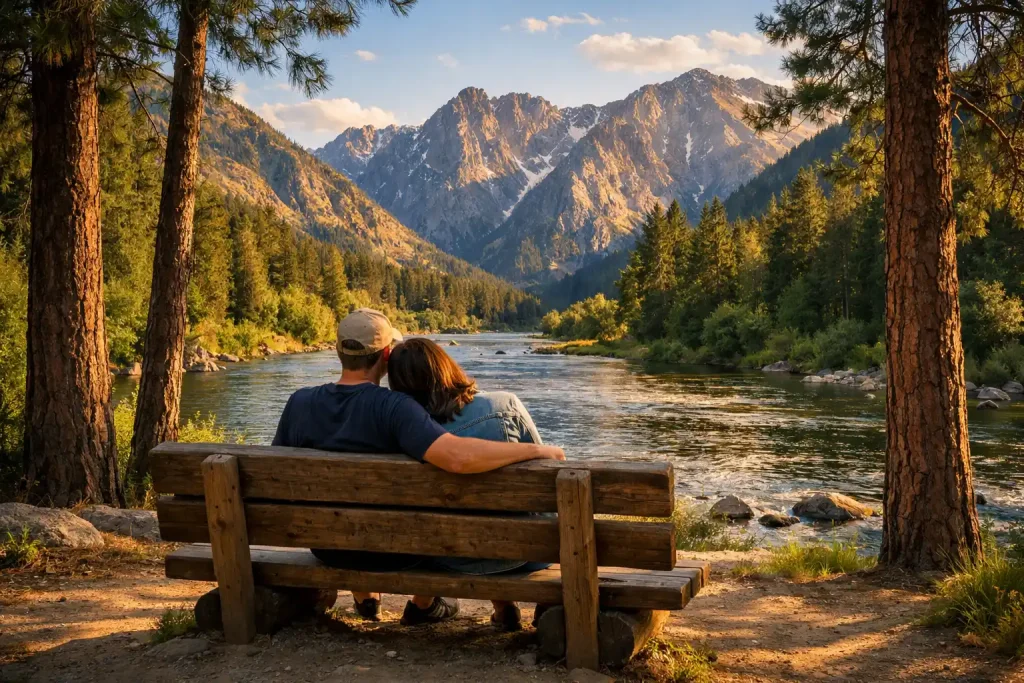 Leavenworth Waterfront Park benches with Cascade Mountain views for relaxing during day trips