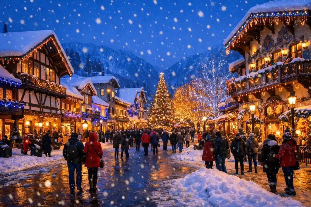 Leavenworth winter scene with Christmas lights and snow-covered Bavarian buildings