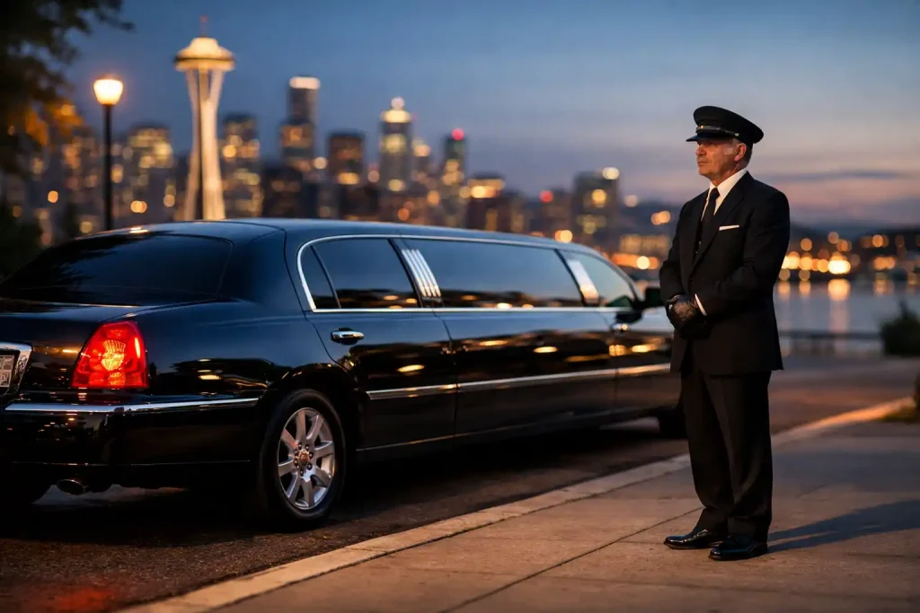 Limousine service pricing guide with a luxury black car staged at curbside in Seattle at dusk