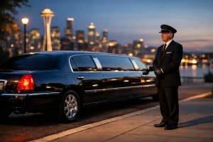 Limousine service pricing guide with a luxury black car staged at curbside in Seattle at dusk