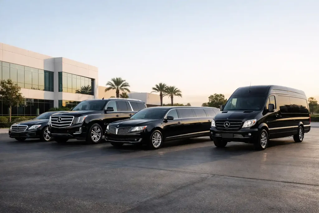 Luxury fleet lineup showing sedan, SUV, stretch limousine, and sprinter-style vehicle options
