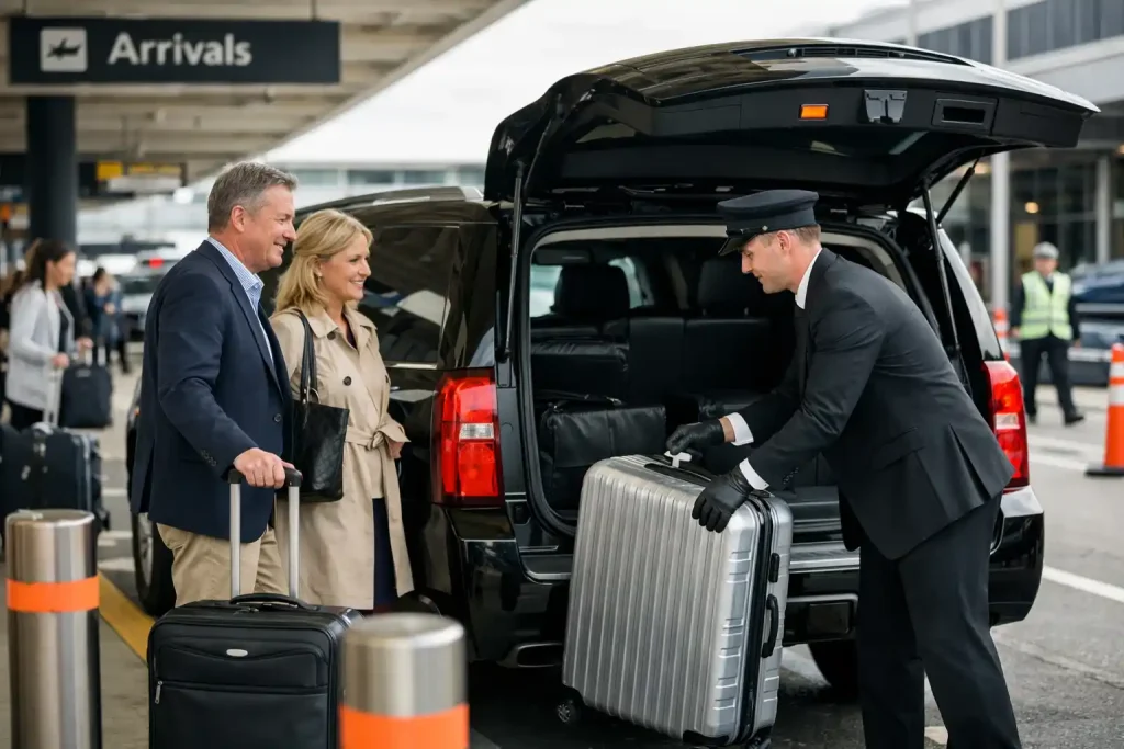 Airport curb pickup with passengers and luggage illustrating timing and waiting rules