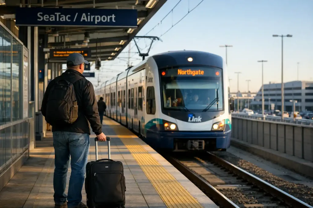 Link light rail from SeaTac to downtown Seattle — platform and luggage-friendly travel