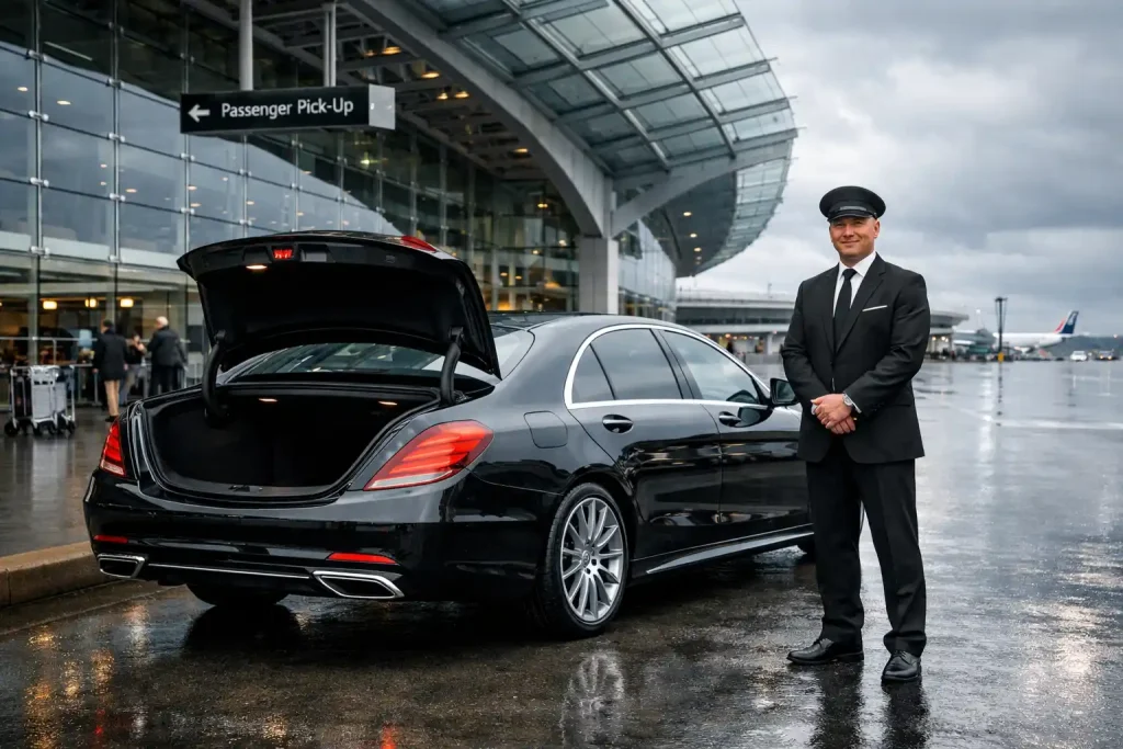 Black luxury sedan town car waiting at SeaTac Airport arrivals pickup zone