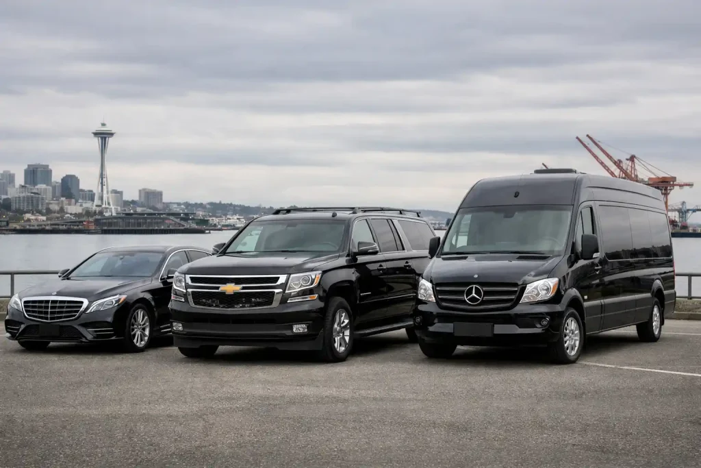 Event transportation Seattle vehicle options - luxury sedan, SUV, and passenger van for cruise terminal service