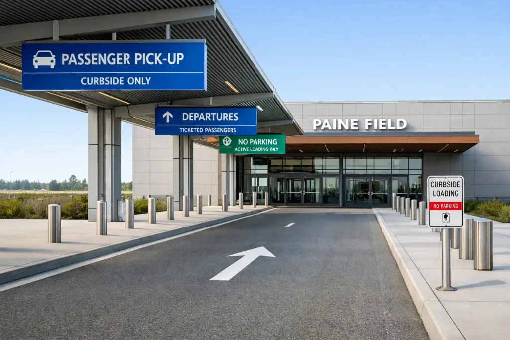 Paine Field Airport curbside pickup area showing simple single-lane design
