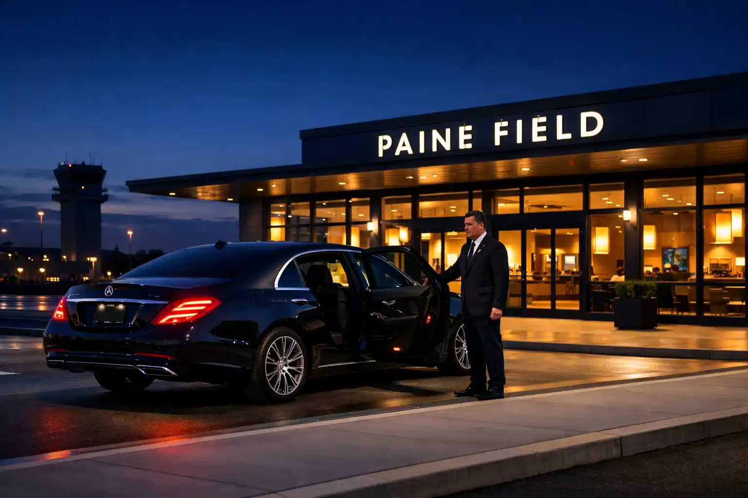 Black luxury sedan at Paine Field terminal entrance during early morning pickup