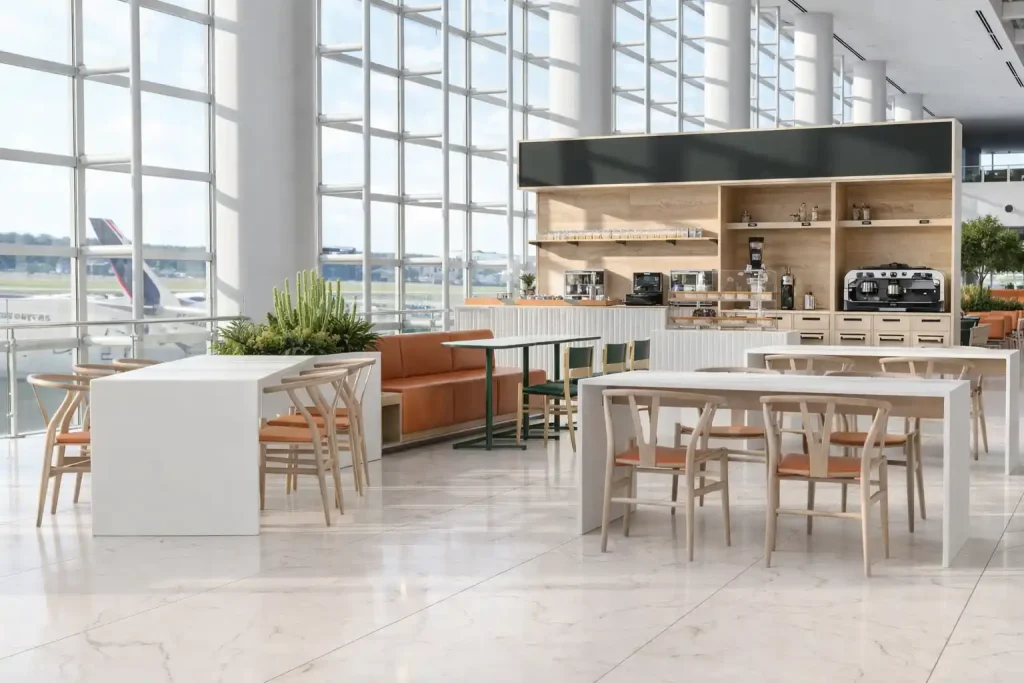 Paine Field terminal coffee shop with closed shutters at 4:15 AM