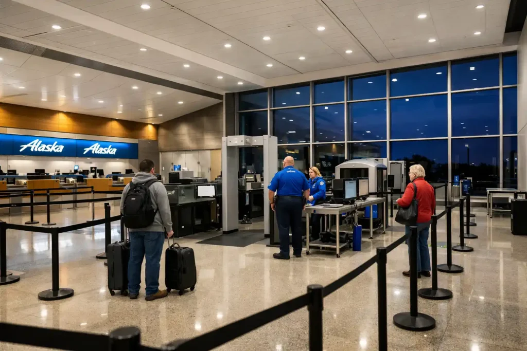 Paine Field TSA security checkpoint at 4 AM with minimal passenger traffic
