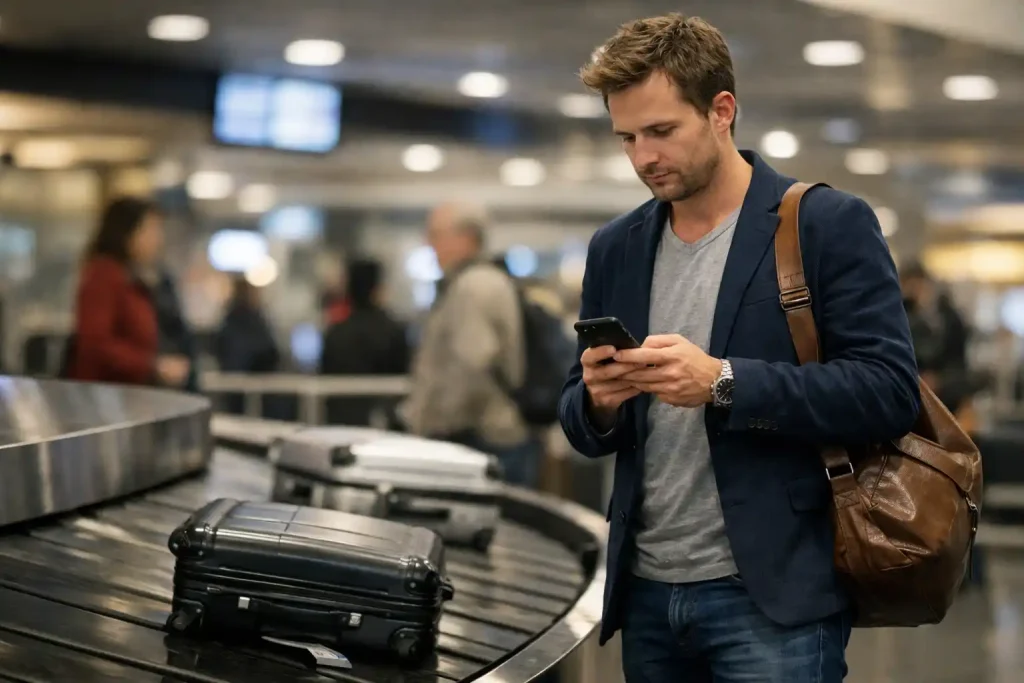 Business traveler texting town car driver update while waiting at SeaTac Airport baggage carousel