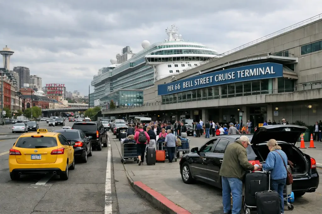 Pier 66 Bell Street cruise terminal downtown Seattle with vehicles in drop-off zone during embarkation day traffic